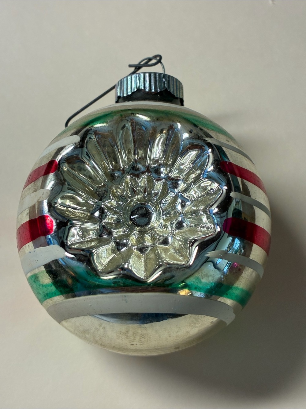 Vintage shiny  brite Silver Glass Holiday Ornament with Red and Green Accents